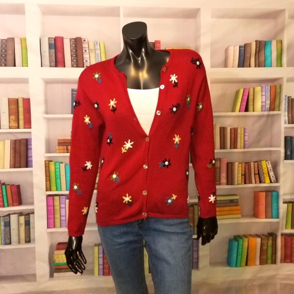 Talbots red embroidery flower cardigan Small